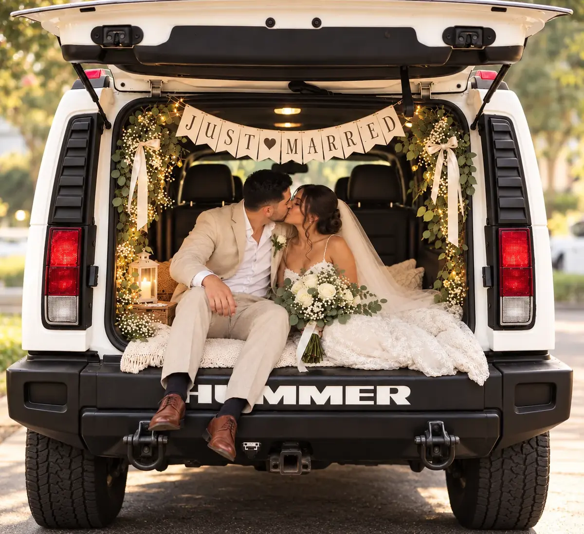 Newlywed couple kissing in the decorated rear of La Perla Blanca Hummer H2