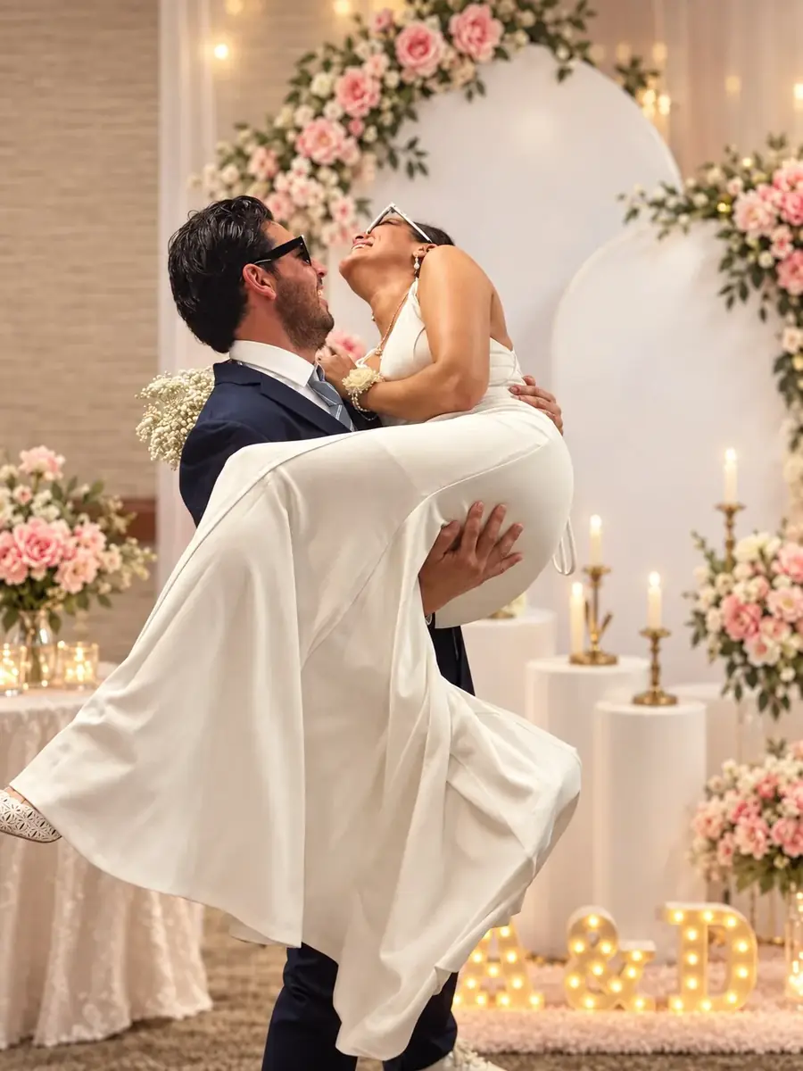 Joyful wedding portrait with the groom lifting the bride