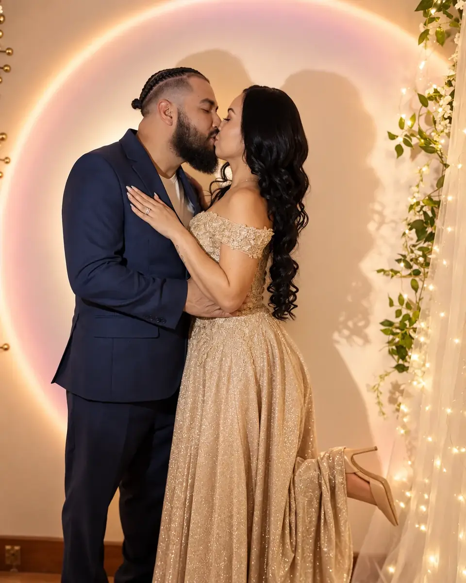 Couple kissing with colorful circular lighting