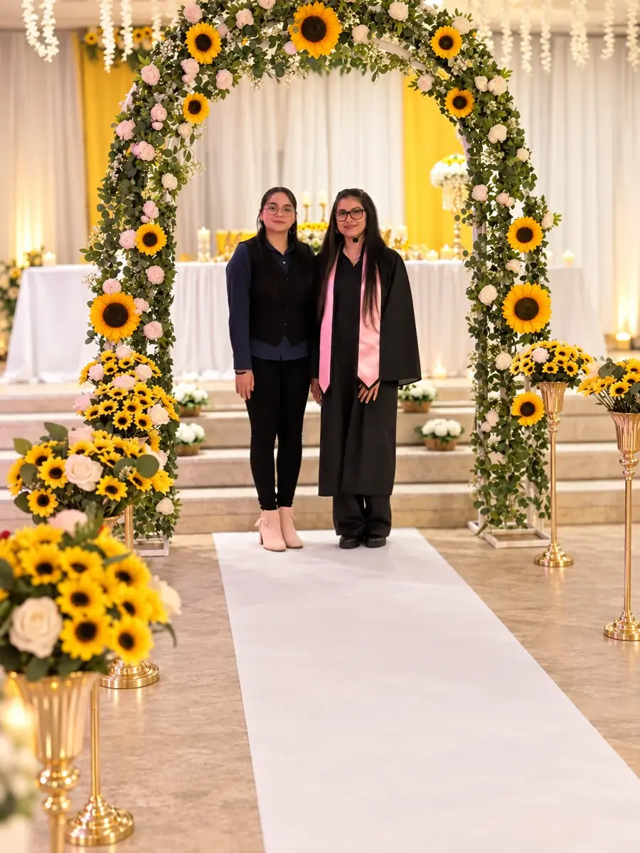 Lily and another officiant beneath a sunflower floral arch