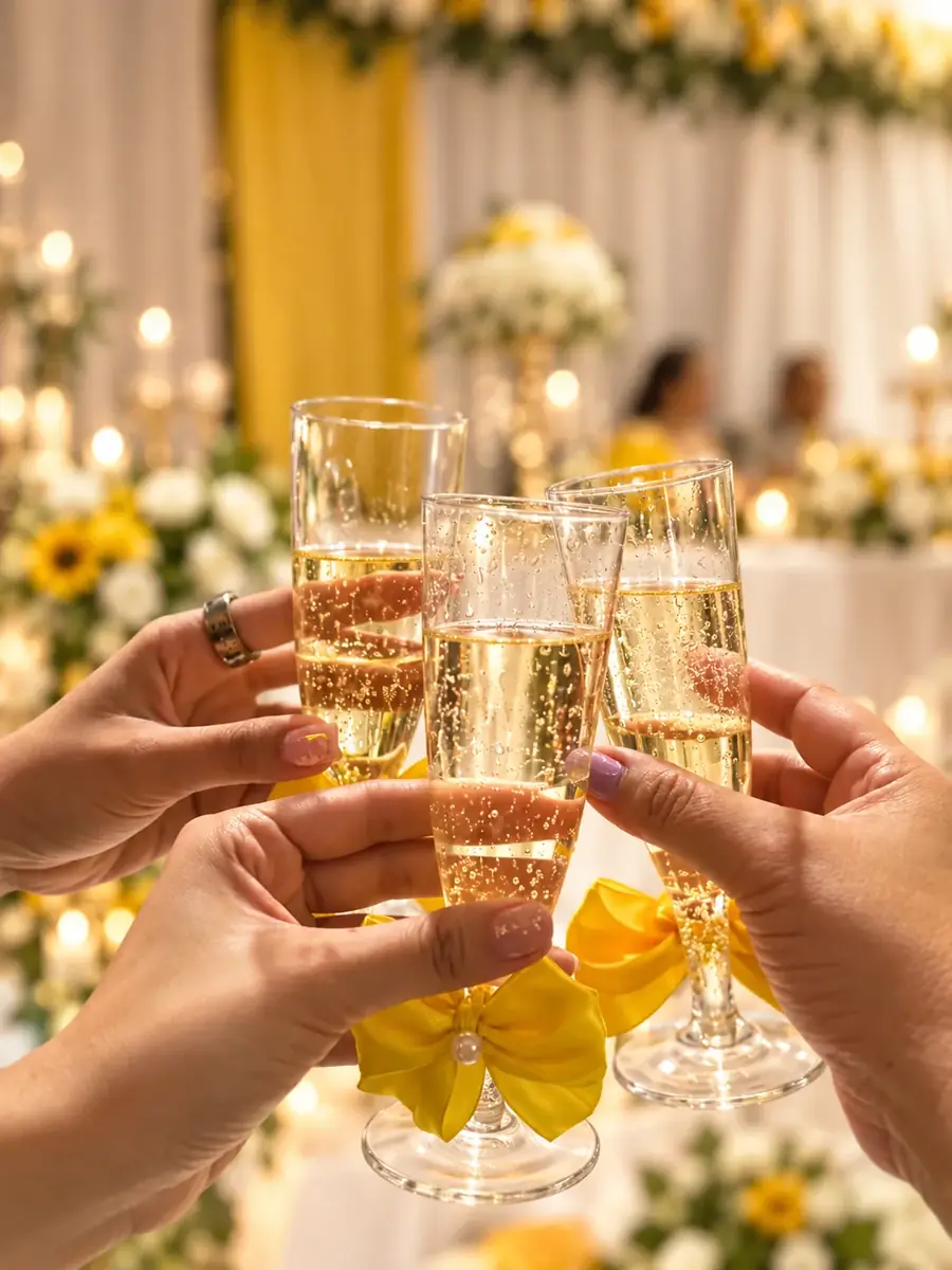 Celebratory toast with yellow wedding decor