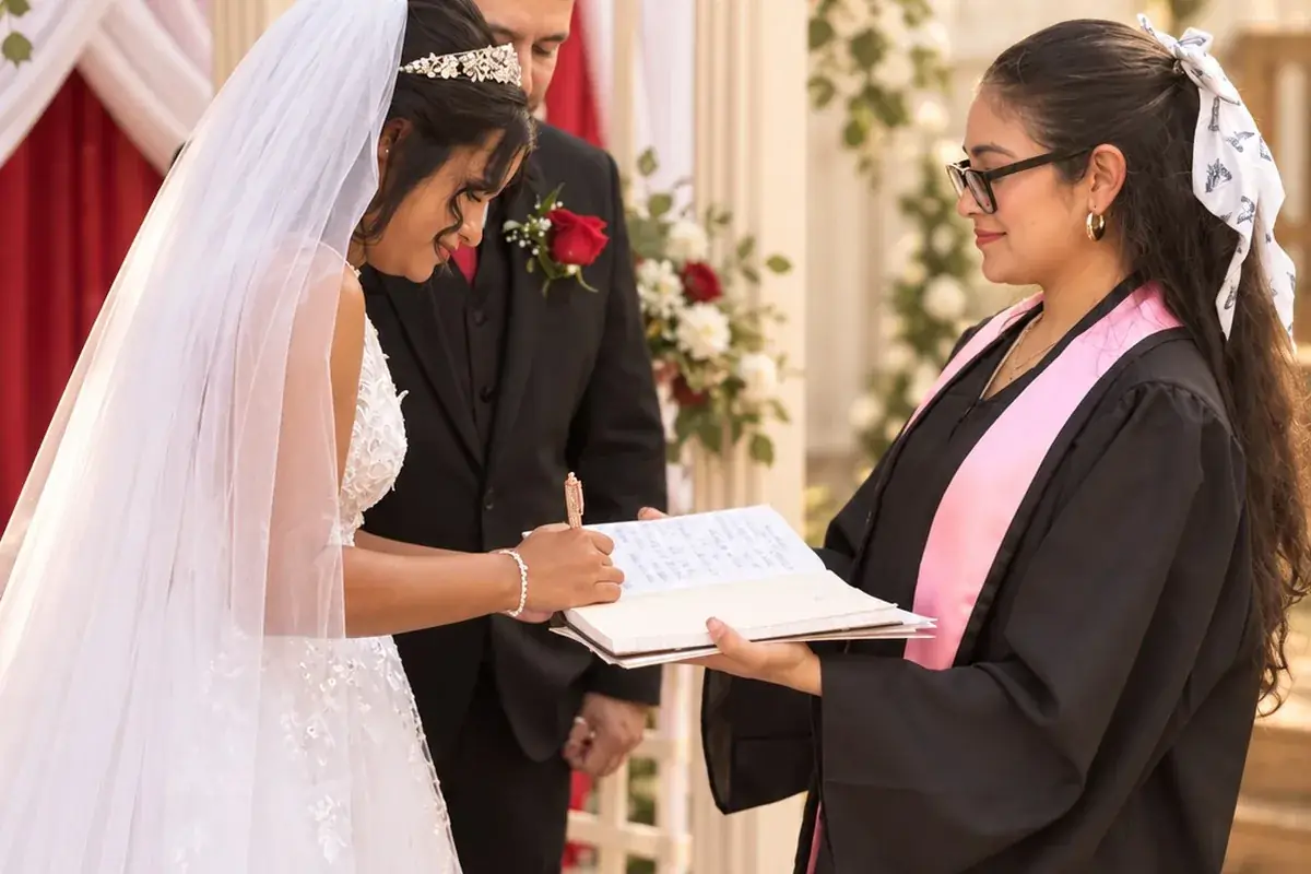 Couple signing during a wedding ceremony